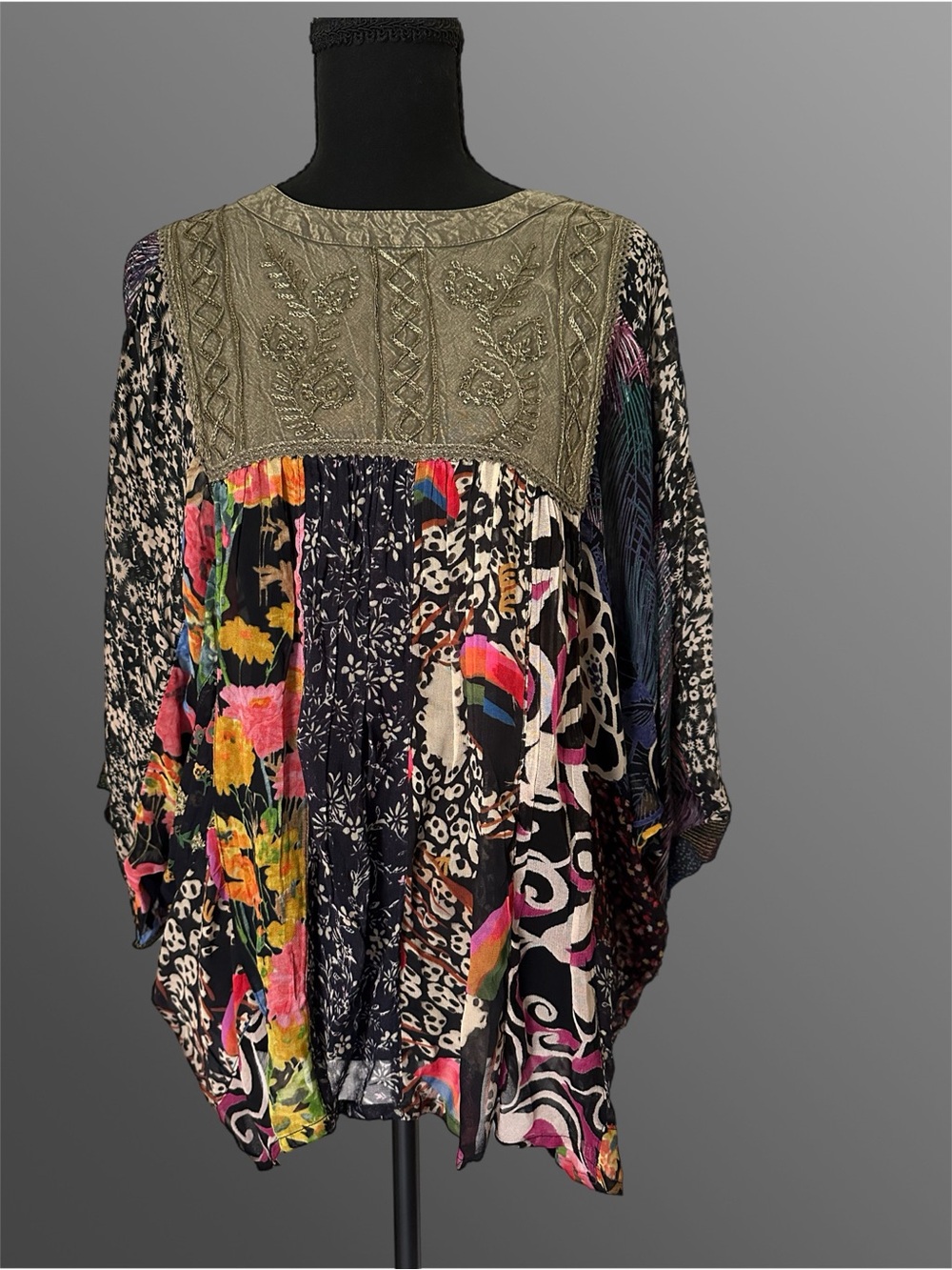 NWY Young Threads Boho Patchwork Floral Batwing Top in Olive (Gravel) and Multi